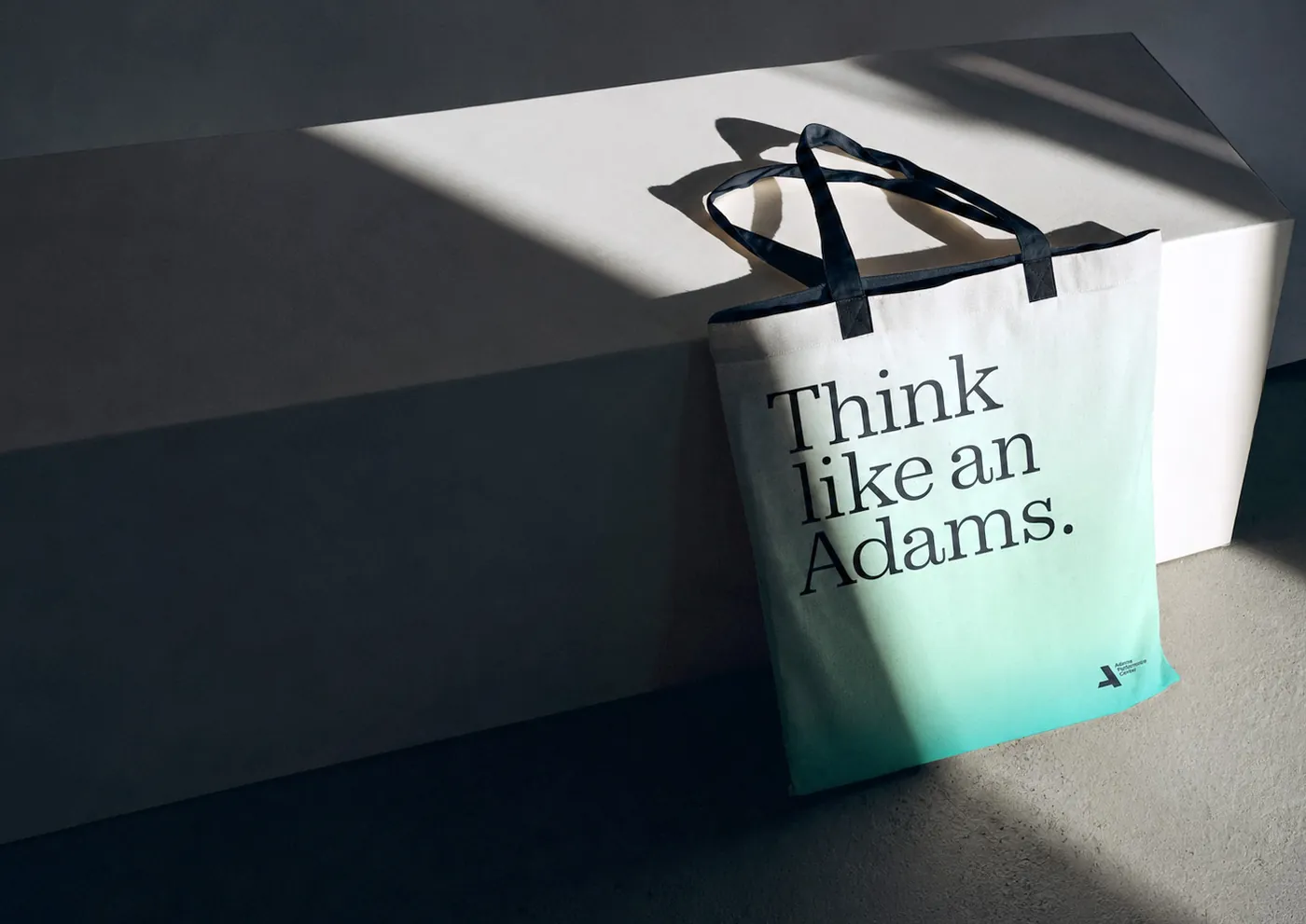 Tote bag printed with Think like an Adams, leaning in a shaft of light