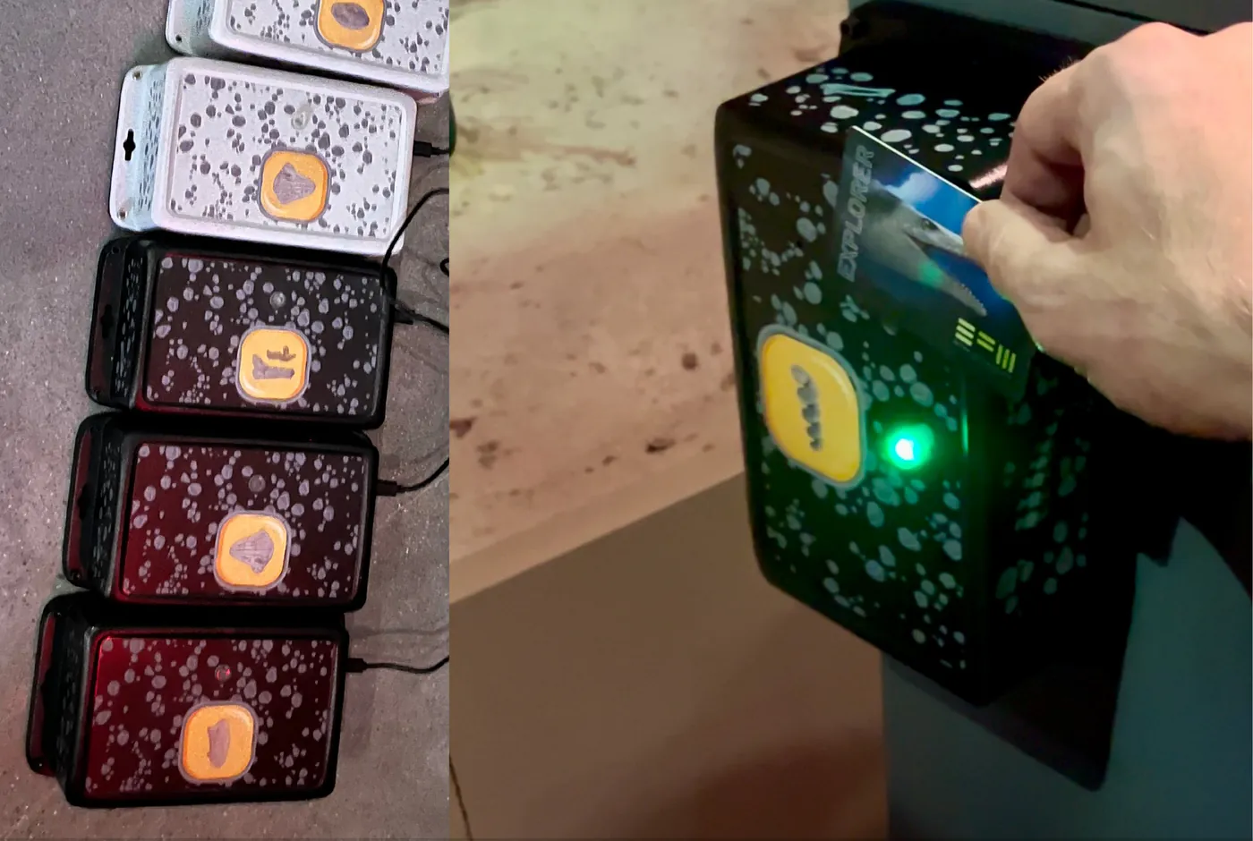 Indoor fossil hunting: custom-developed wireless fossils are charged and relocated every day inside the museum