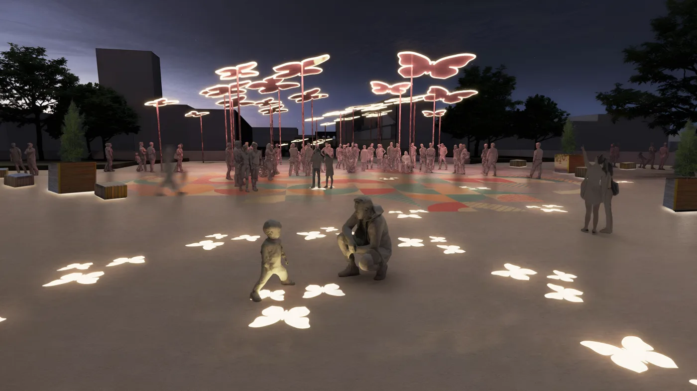 At night, glowing butterfly shapes cover the plaza floor beneath illuminated canopies, with children playing among them