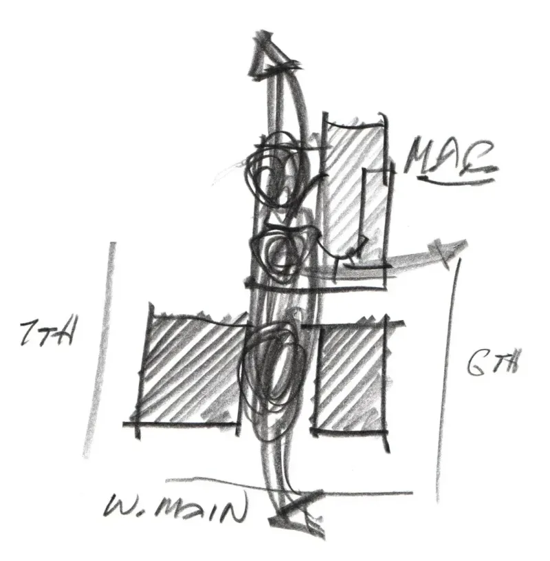 Pencil sketch: a route from West Main Street through the block and up to the Center, between 6th and 7th Streets