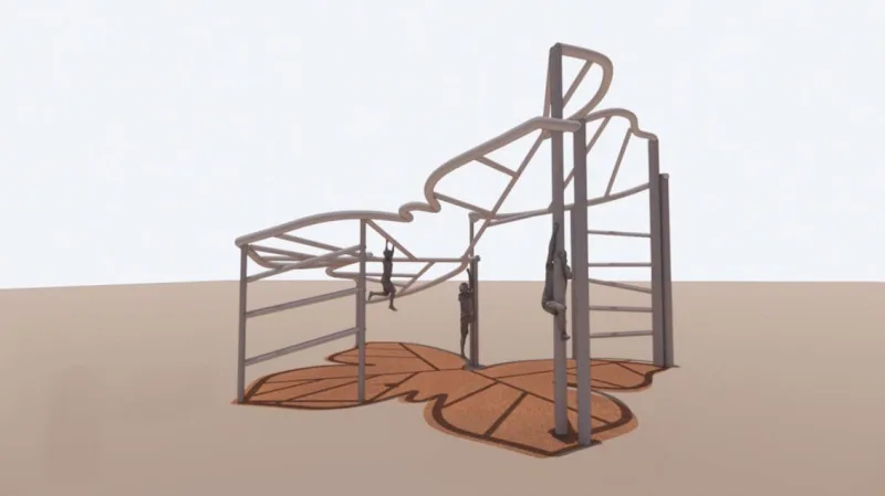 A climbing frame shaped like a folded butterfly, casting a butterfly-shaped shadow on the ground