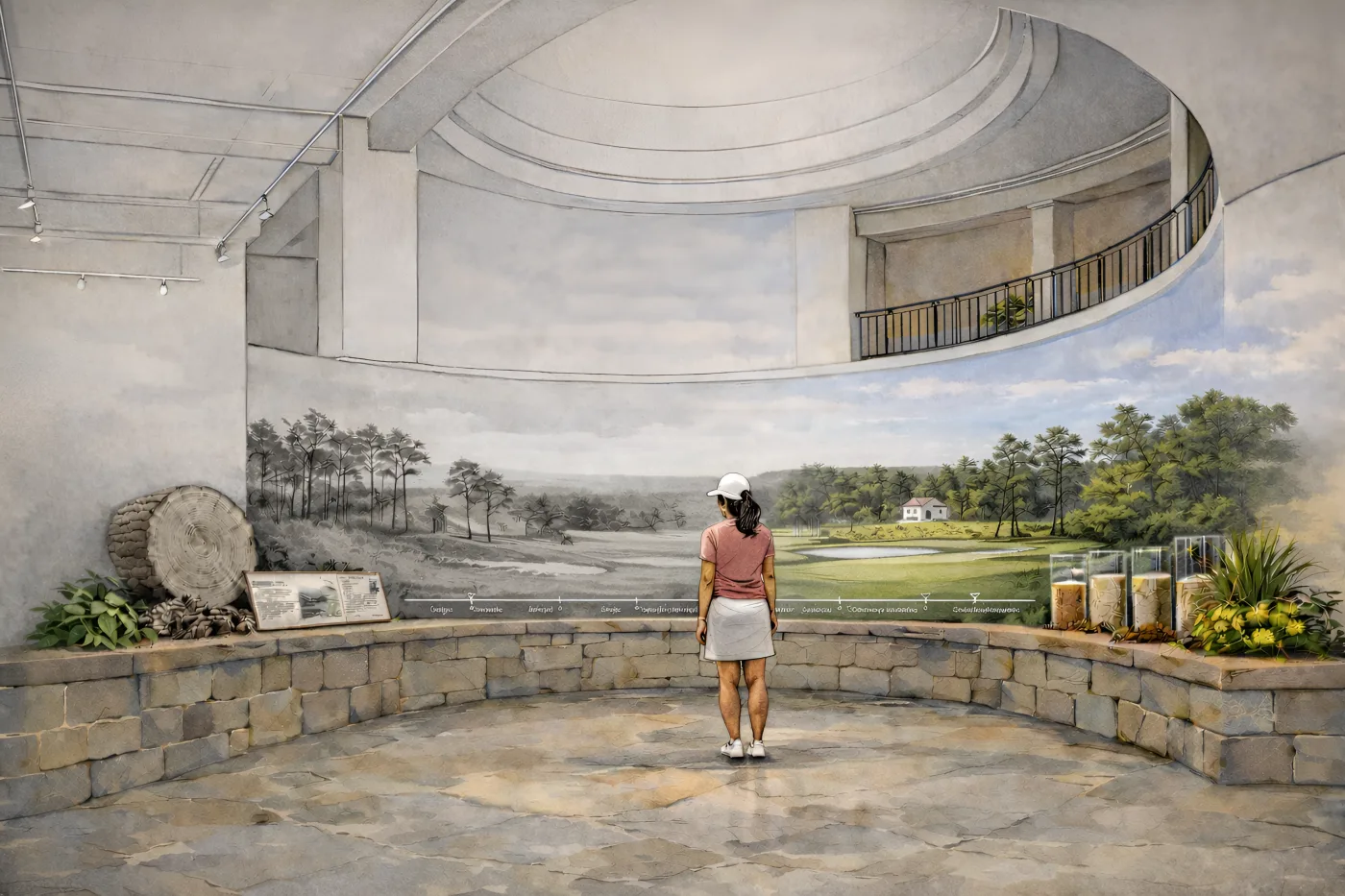 A curved media wall where a sketch of the land turns into a full-color view of the course