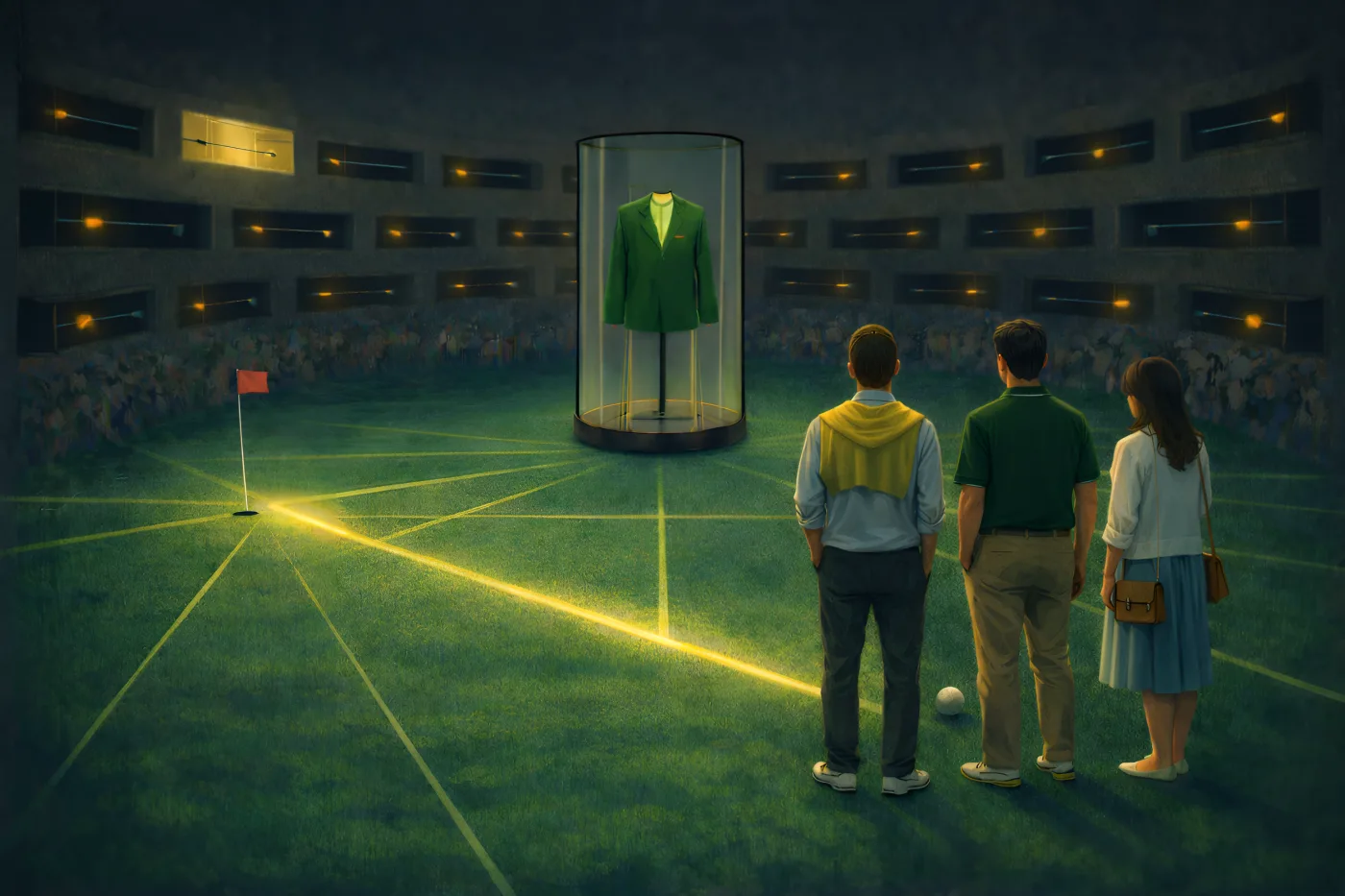 A darkened chamber with a projected green on the floor and a glowing line tracing a ball’s path toward a Green Jacket
