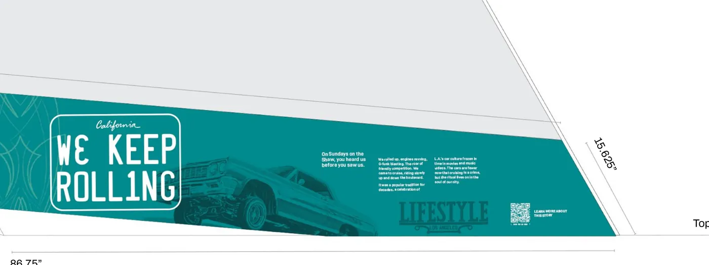 Teal bench panel graphic reading We Keep Rolling, with a lowrider and story text