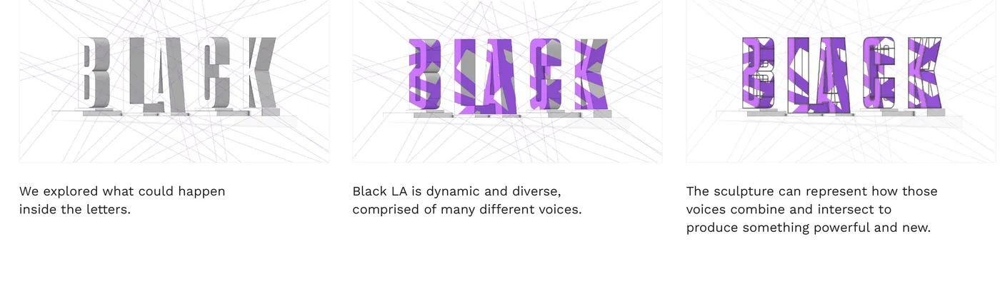 Three studies of the word BLACK: plain outlines, then filled with color, then layered patterns
