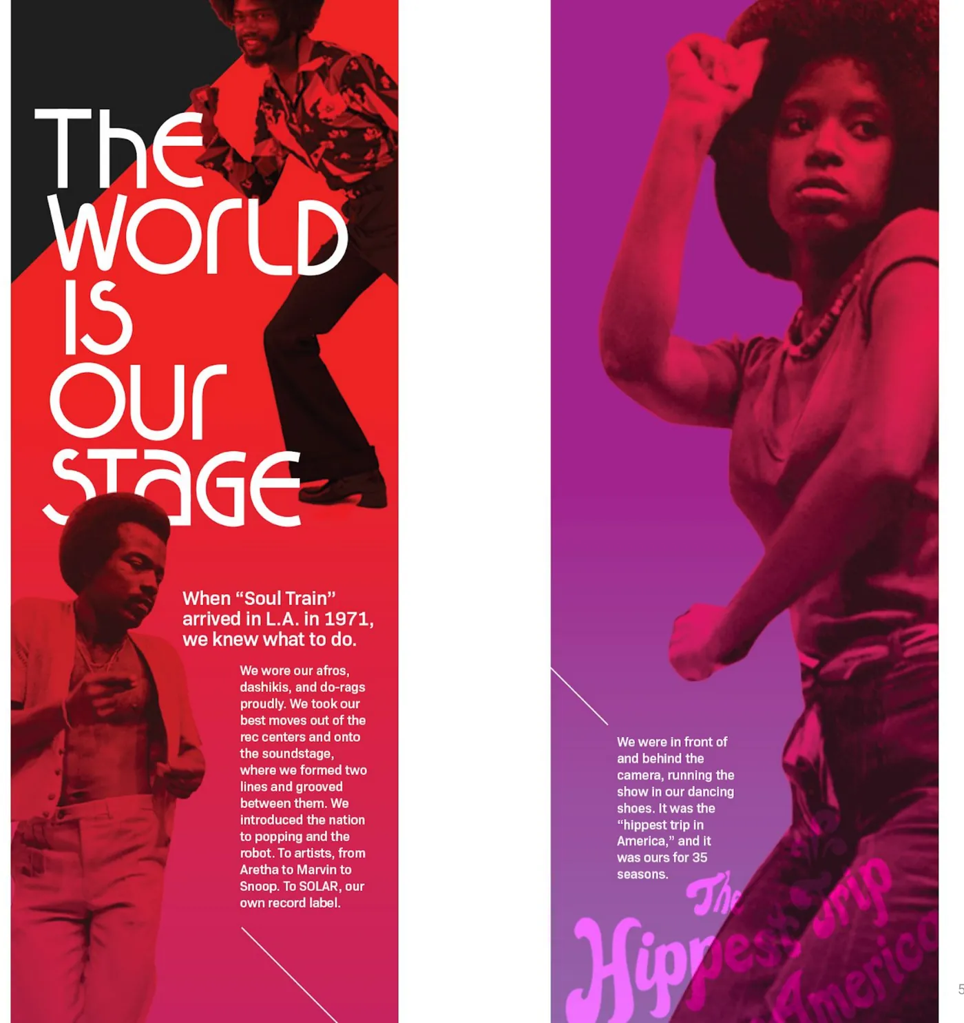 Freestanding story blade for Soul Train in red and magenta, with an illustrated dancer