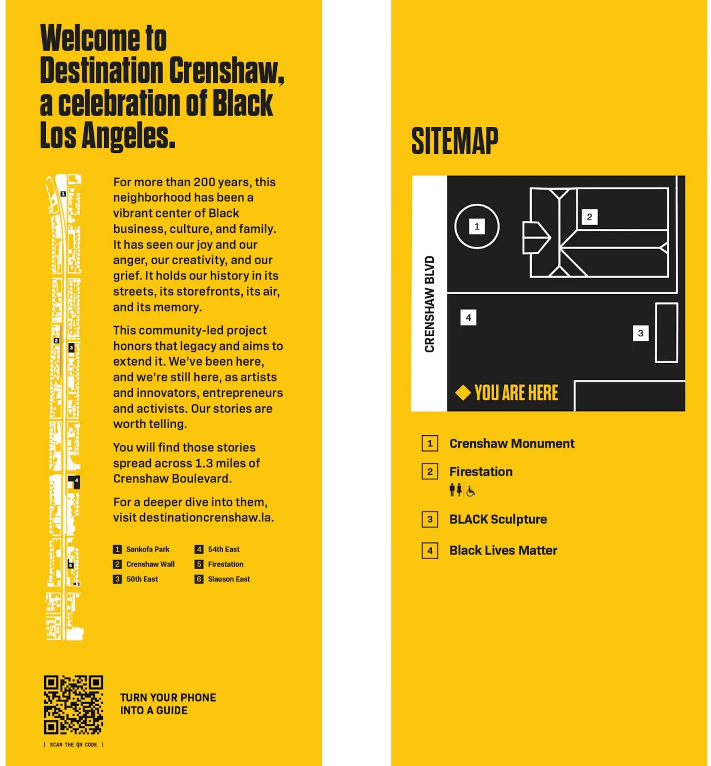 Yellow wayfinding blade welcoming visitors, with a site map and a QR code