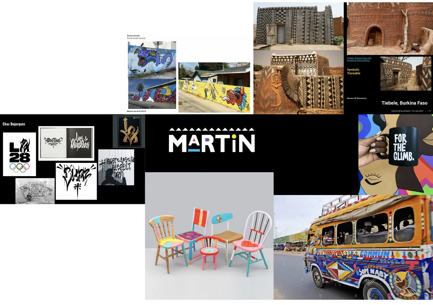 Mood board of local signage, murals, painted chairs and a decorated bus
