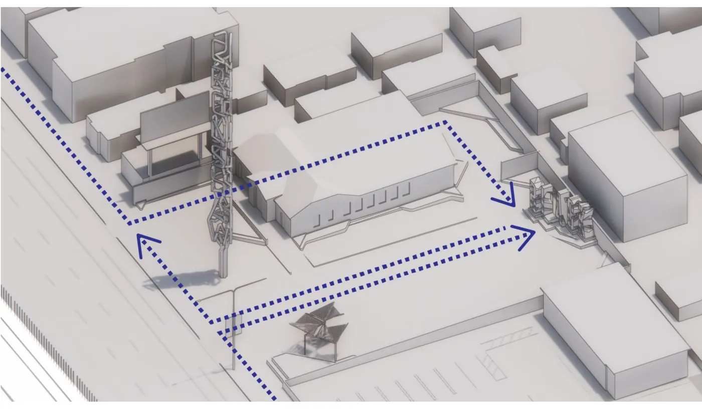Massing diagram of the Firestation lot with a dotted visitor route through the truck bay