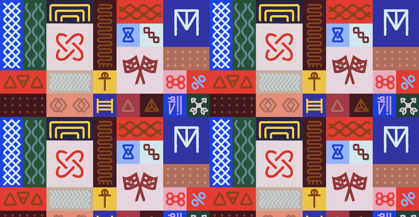 A colorful patchwork of glyph tiles in red, blue, pink and yellow