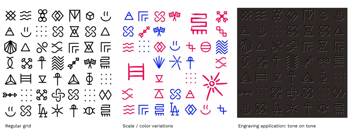Glyphs on a regular grid, in color variations, and engraved tone on tone in black