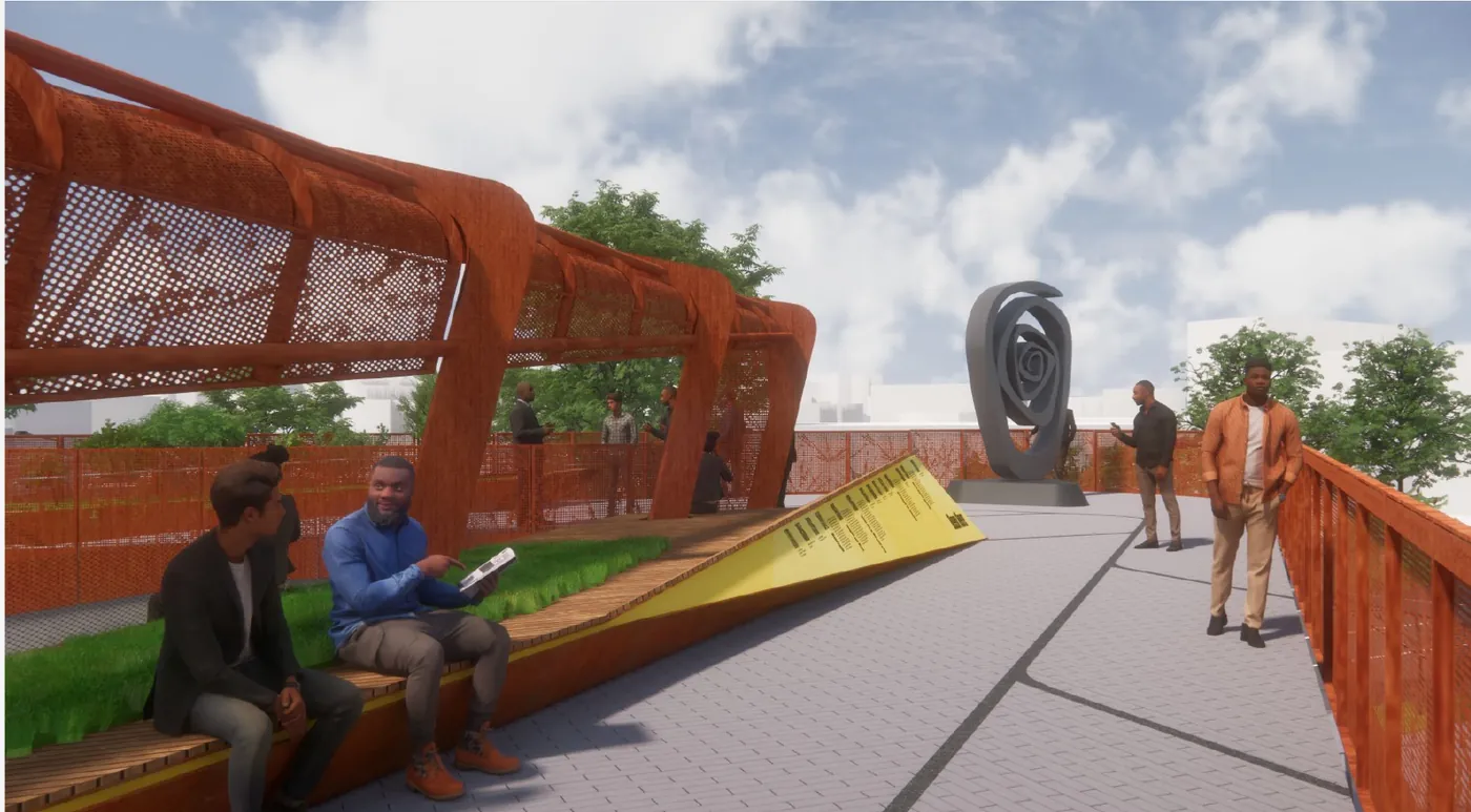 Rendering of the ramp deck with weathering-steel railings, a bench and a sculpture beyond