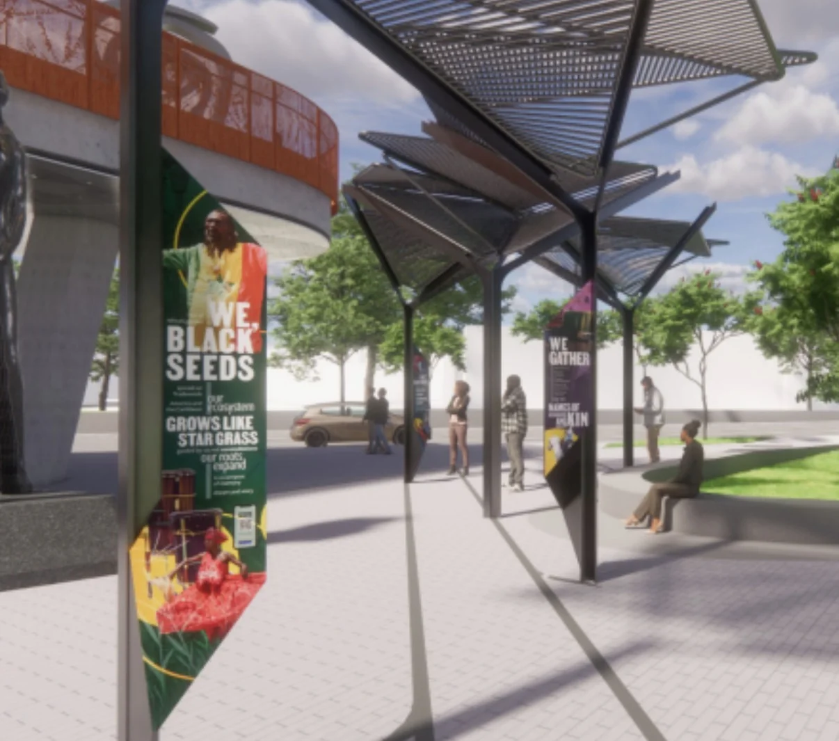 Rendering of freestanding story blades under steel shade structures at Sankofa Park, reading We, Black Seeds and We Gather