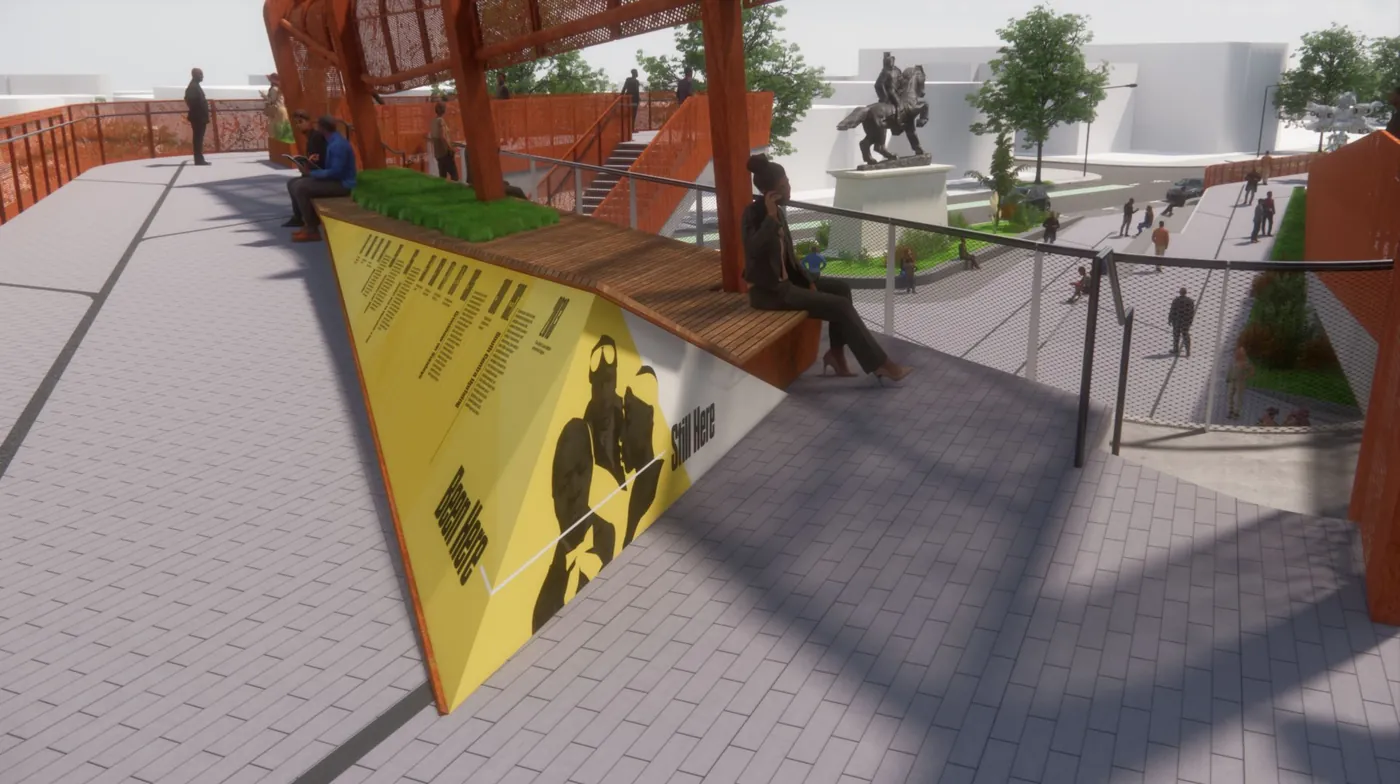 The timeline seen from above as it rises toward the bow