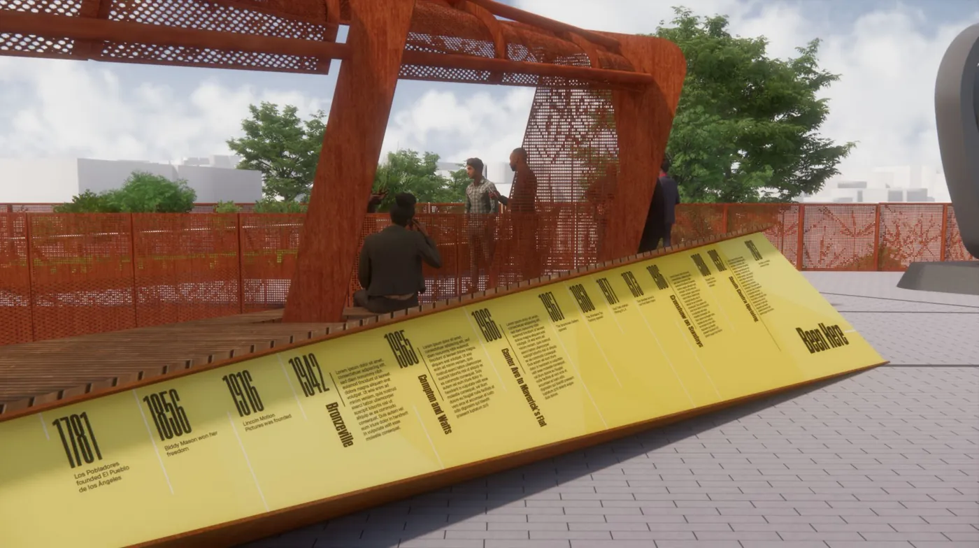 Rendering of the yellow timeline bench running along the ramp deck, dates in tall black type