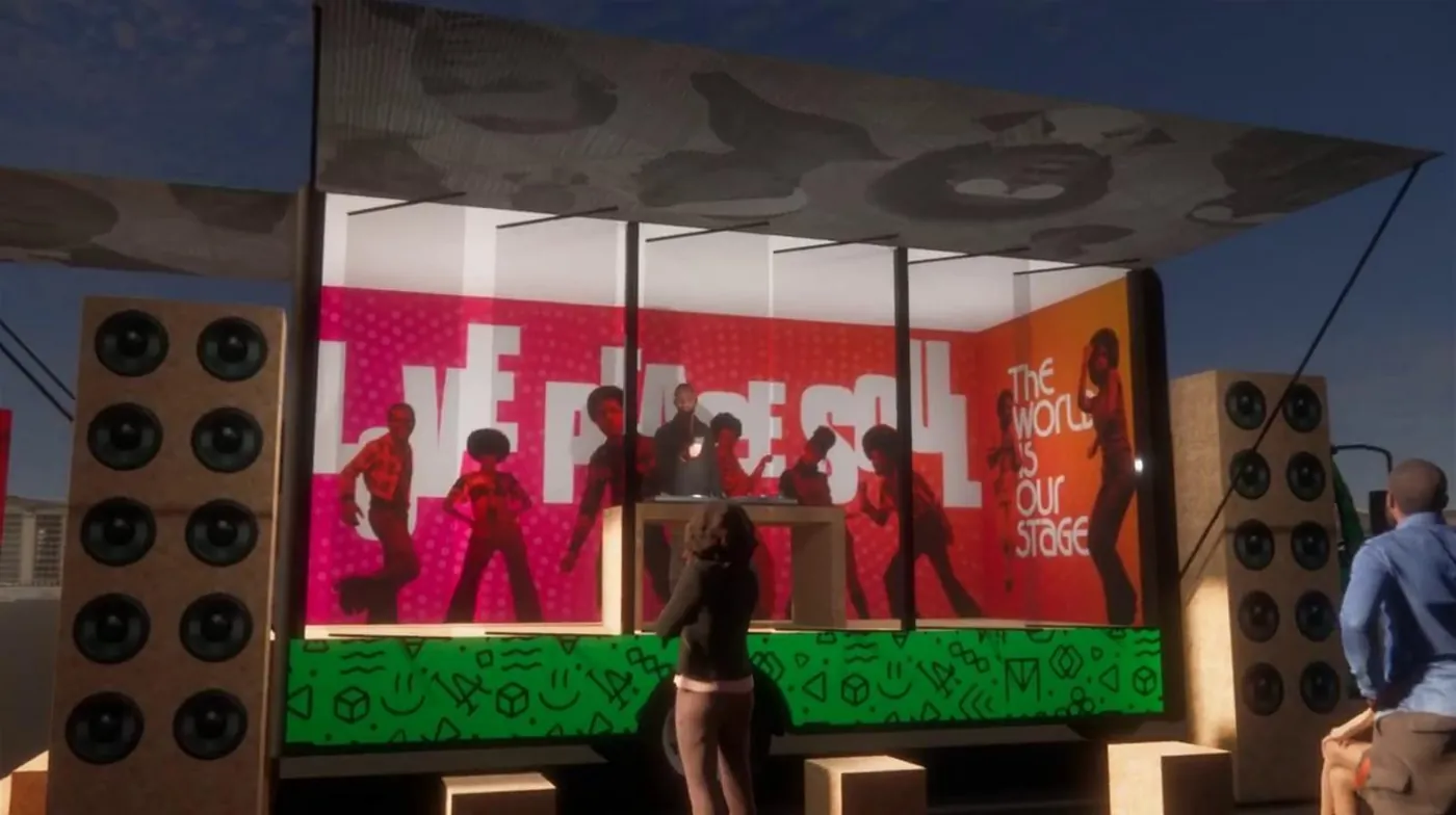 Rendering of the Digital Kit truck at night, side opened into a stage with dancers and stacked speakers