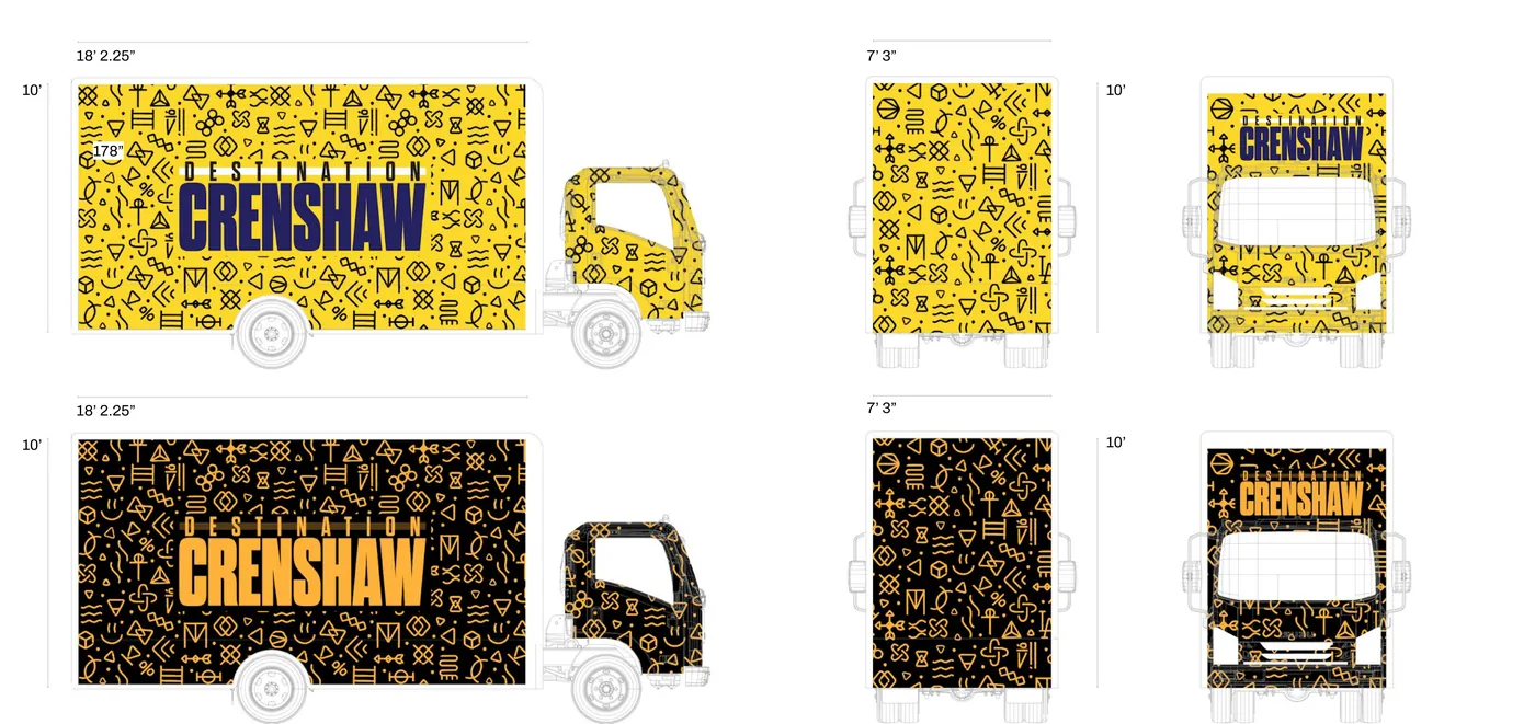 Elevations of truck wraps in yellow and black glyph patterns with the word CRENSHAW