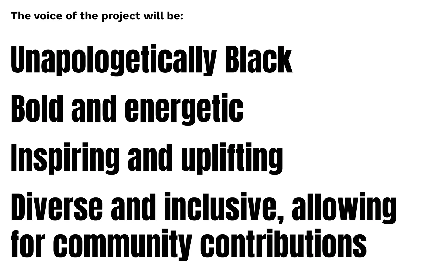 Page from the design package: the voice of the project will be Unapologetically Black; Bold and energetic; Inspiring and uplifting; Diverse and inclusive
