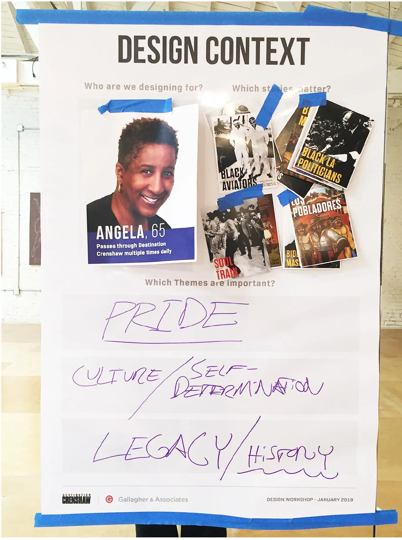 Persona board for Angela, 65, with the words Pride, Culture, Self-Determination and Legacy written by hand