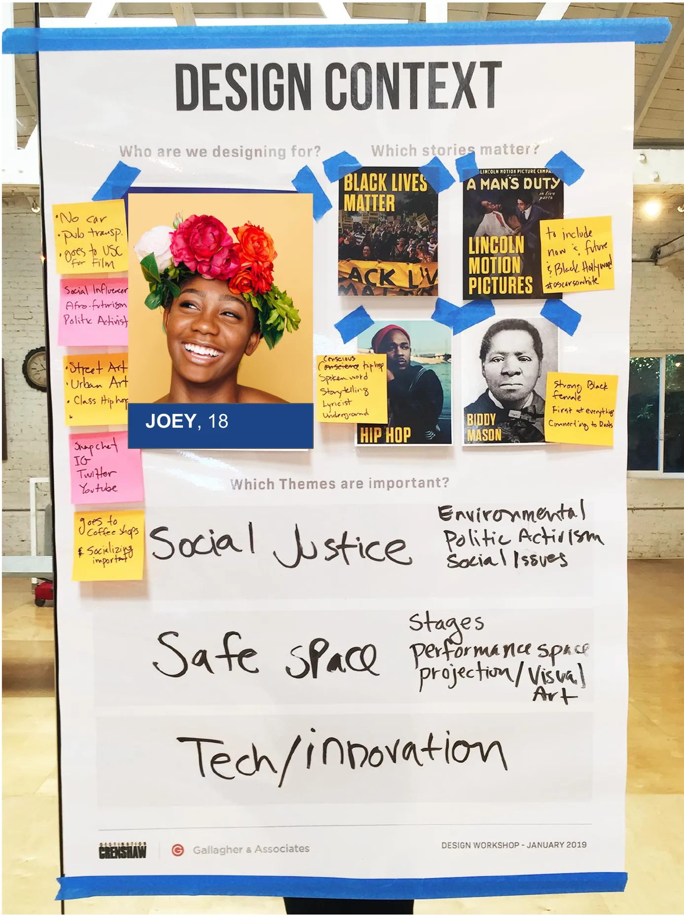 Persona board for Joey, 18, with the themes Social Justice, Safe Space and Tech/Innovation written by hand