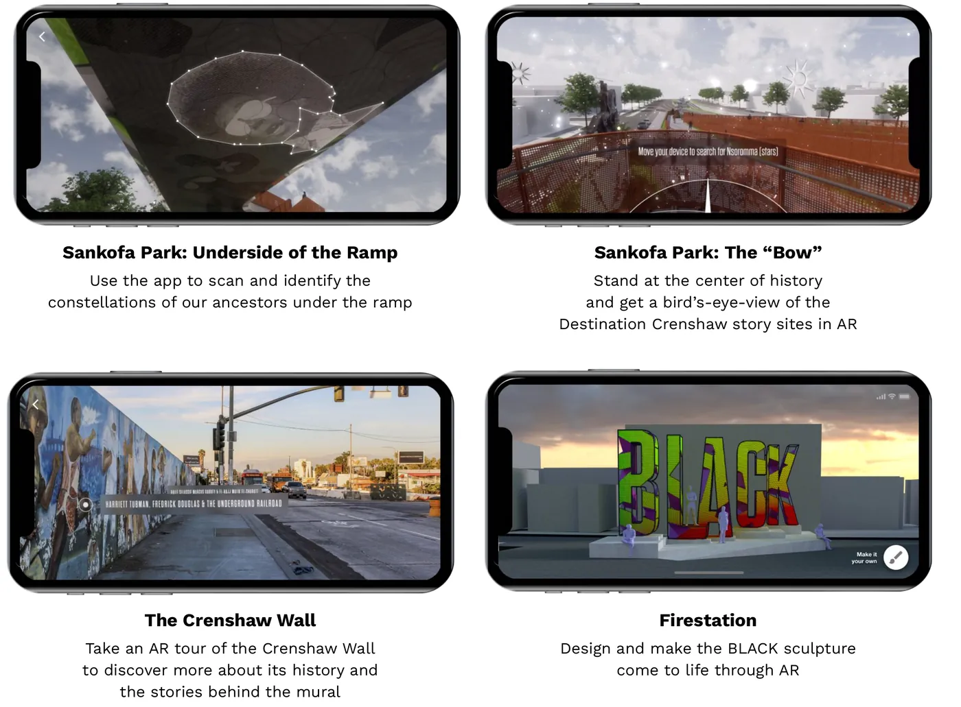 Four phones showing AR experiences: under the ramp, the bow, the Crenshaw Wall and the BLACK sculpture