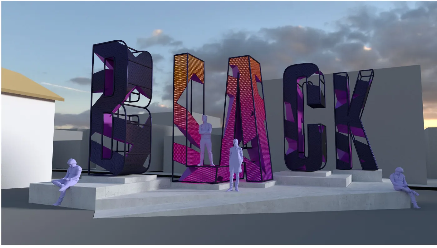 Rendering of the BLACK sculpture at dusk: tall letters filled with magenta and violet patterns, people at their base