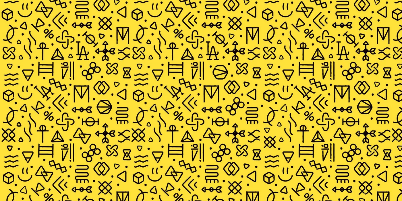 A dense yellow field of black hand-drawn symbols: arrows, stars, letters and abstract marks