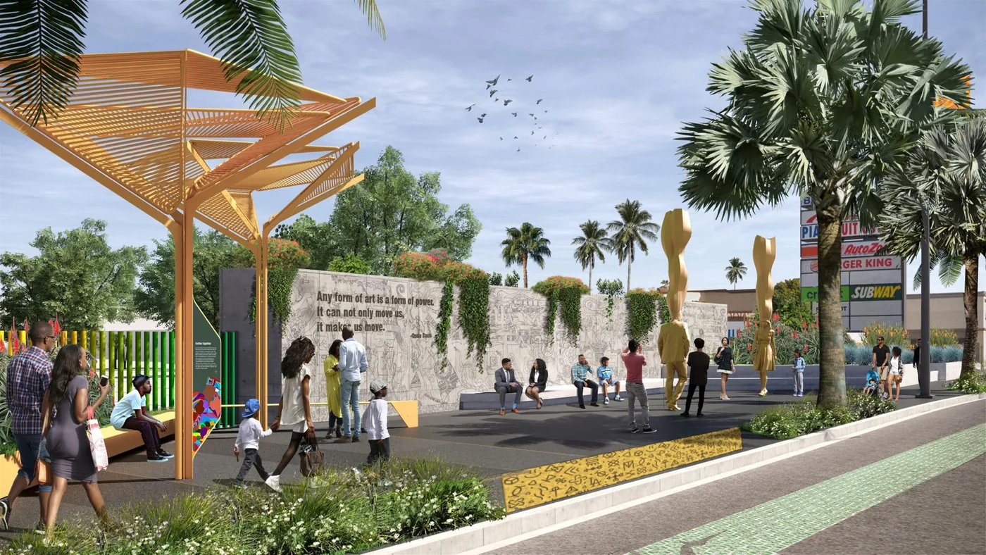 Rendering of a pocket-park plaza beside Crenshaw Boulevard, with a yellow paver of community glyphs set along the curb