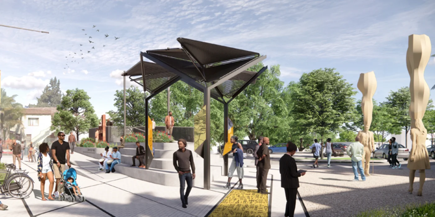 Rendering of a plaza under steel shade structures, with a yellow glyph paver in the ground and a visitor reading a tablet beside it