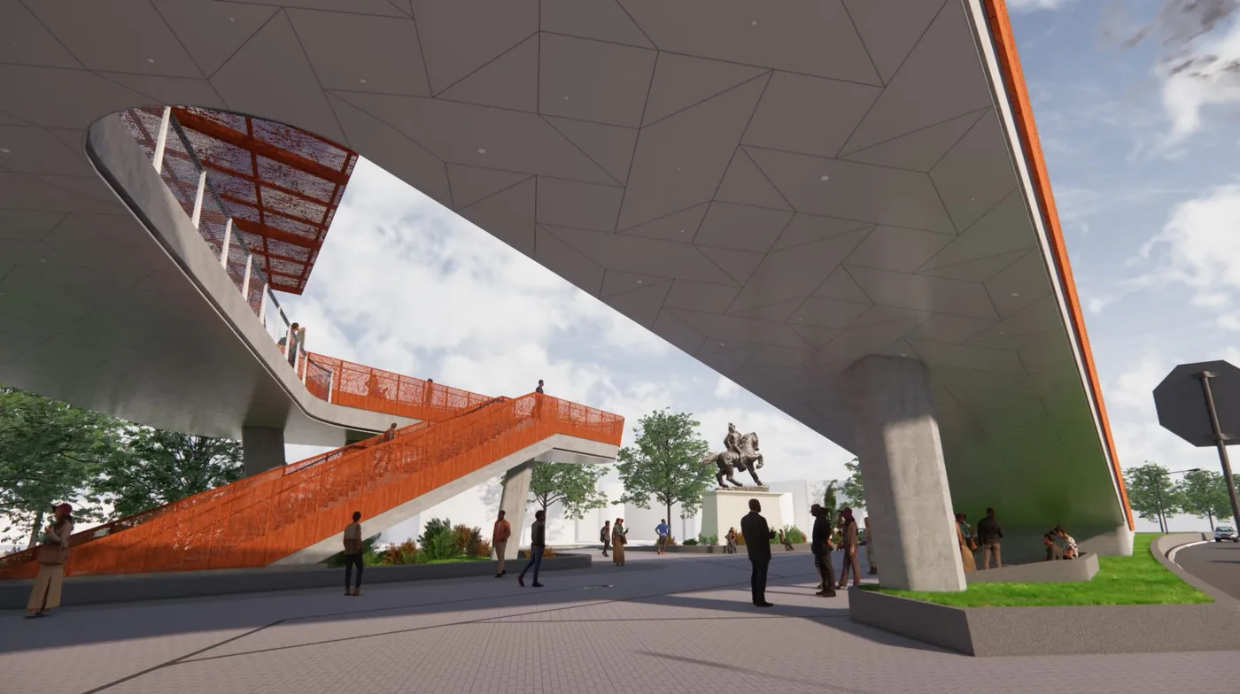 Rendering under the Sankofa Park ramp by day, with the weathering-steel stair and an equestrian sculpture beyond