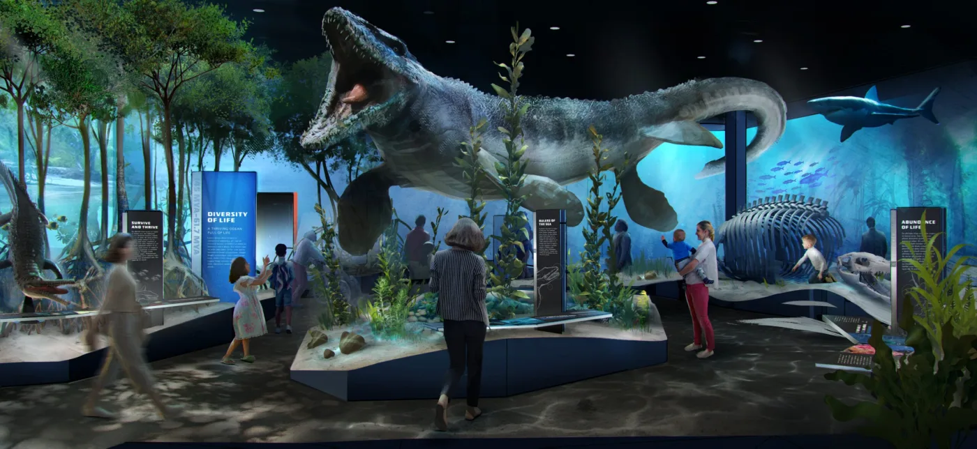 Rendering of a gallery with a large marine reptile skeleton suspended over visitors and an underwater forest scene