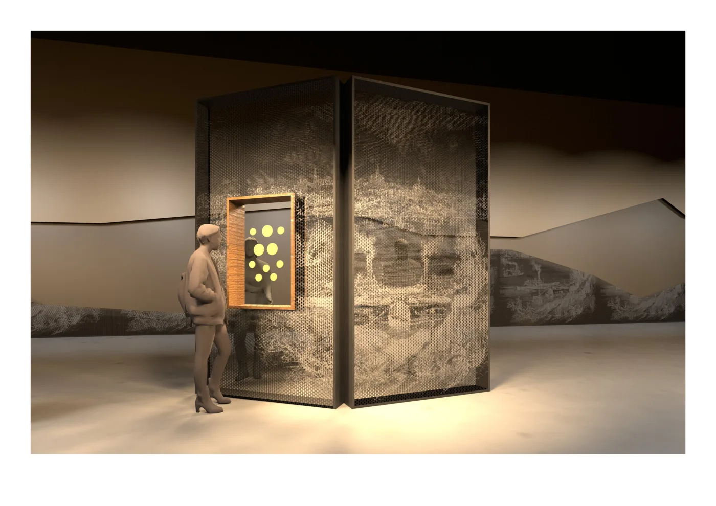 Rendering of a freestanding exhibit case wrapped in a historical map, with a visitor examining artifacts