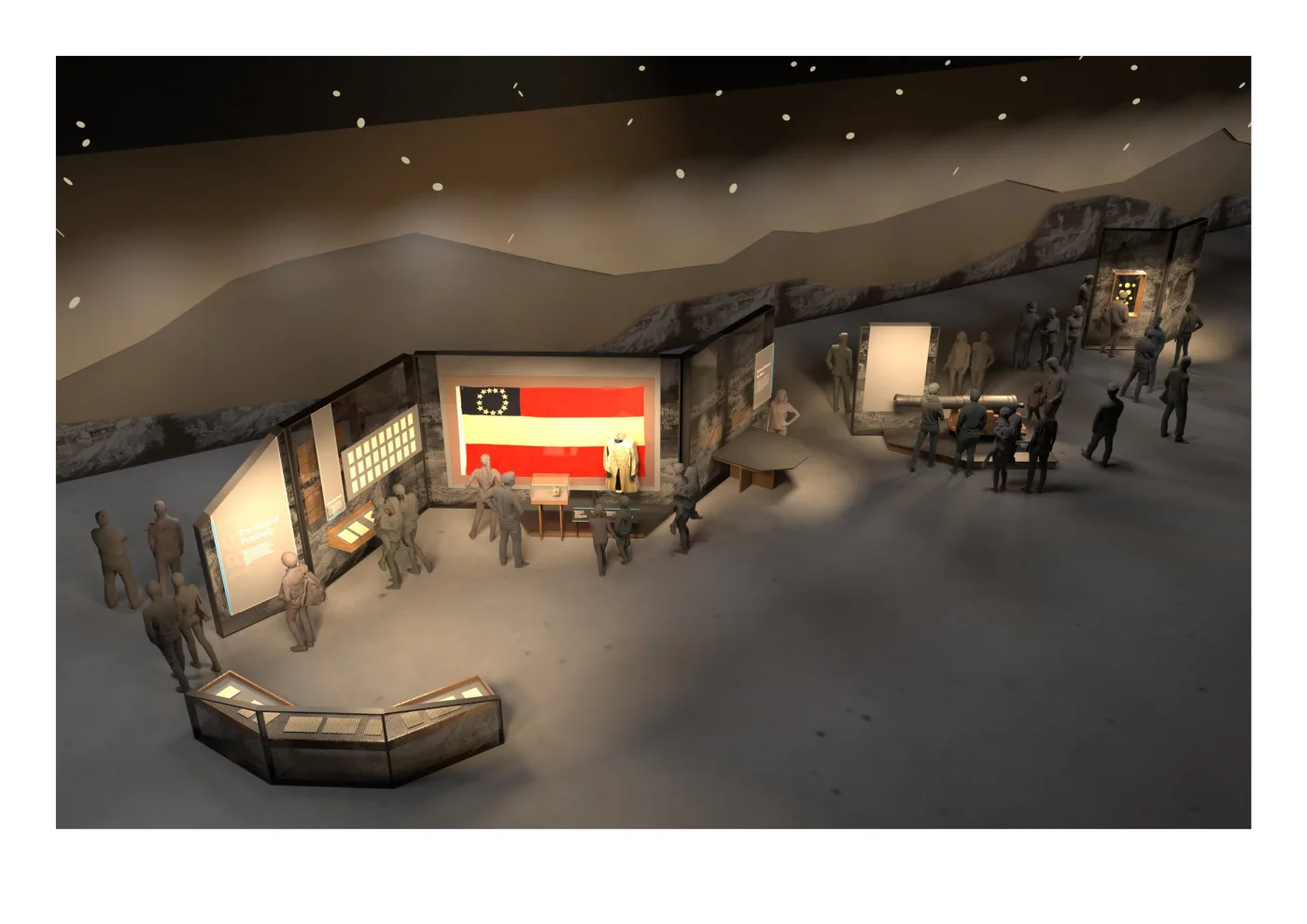 Rendering of a gallery seen from above, with low walls, artifact cases and a large flag display