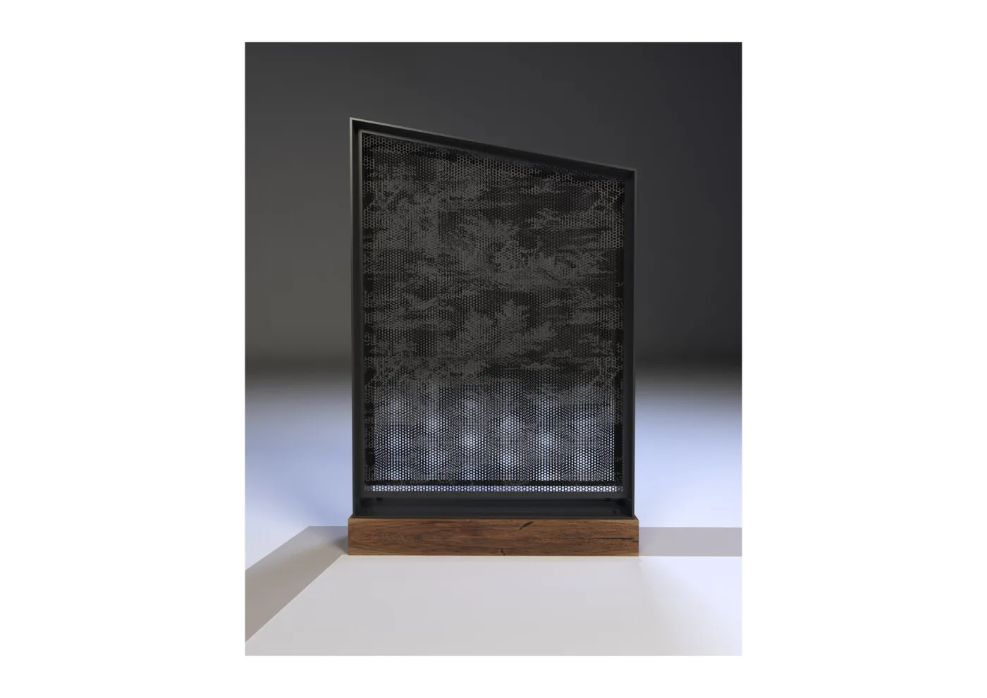 Study model of a dark bronze display panel on a wooden base