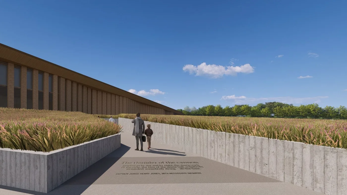 Rendering of the outdoor trench walk: an adult and child walk between concrete walls and tall grasses toward the museum